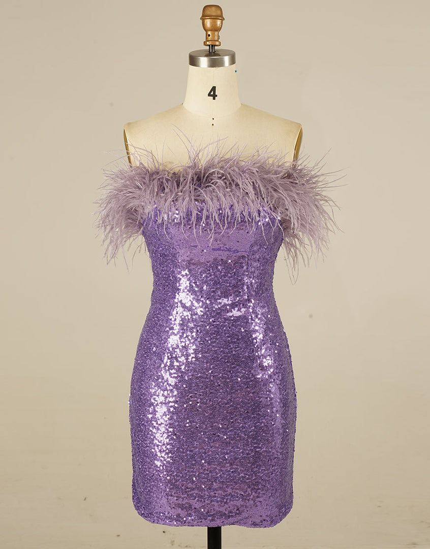 Strapless Sequin Homecoming Dress with Feathers