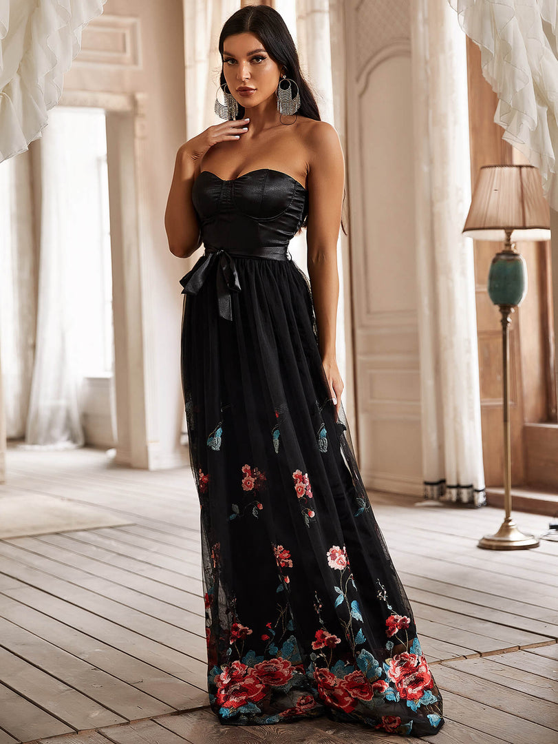 Black Embroidery Bodice Prom Dress