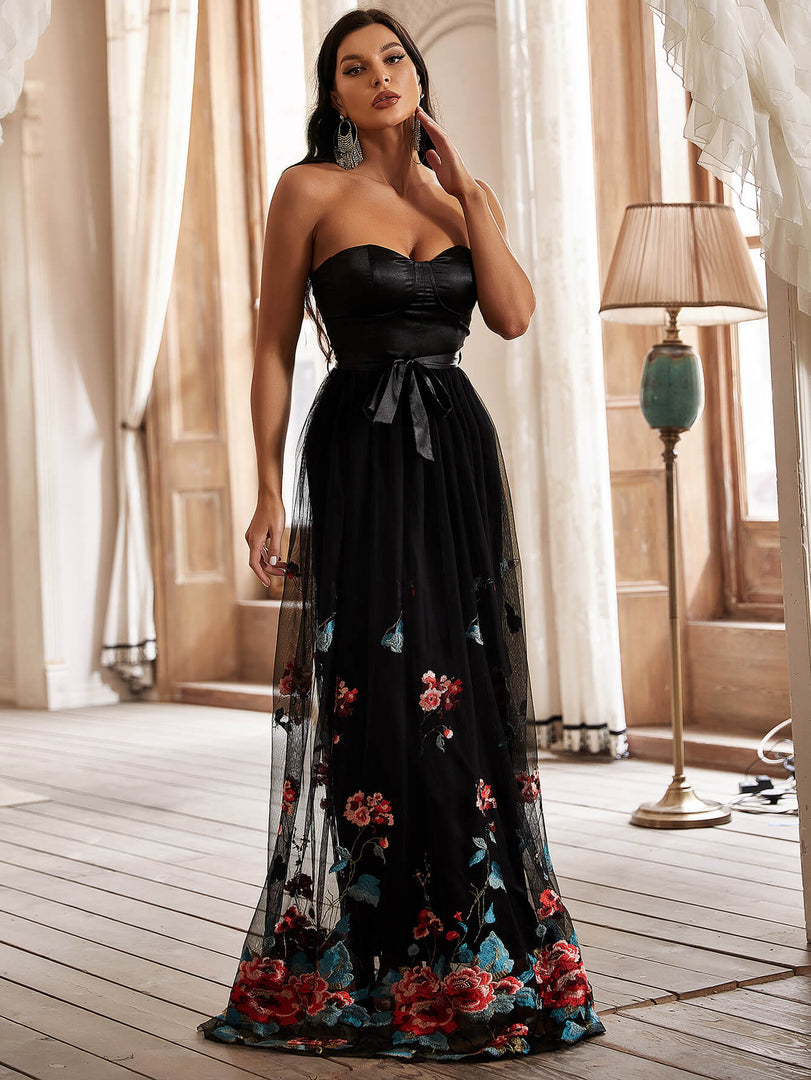 Black Embroidery Bodice Prom Dress