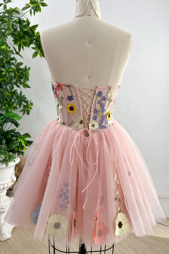 Light Pink Sheer Corset Bodice Flowers Homecoming Dress