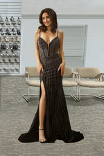 Load image into Gallery viewer, Beaded Fitted Black Prom Dress with Slit
