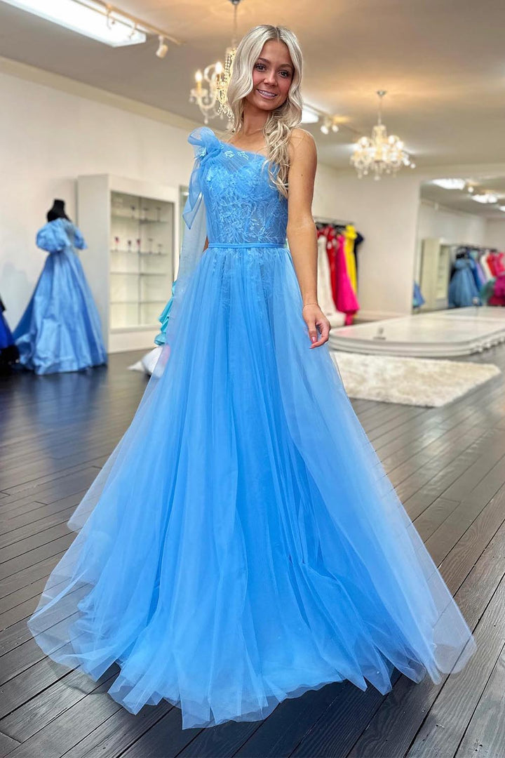 One Shoulder Blue Sheer Corset Bodice Prom Dress