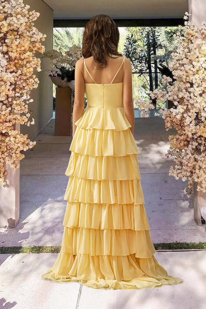 Ruffle Slit Yellow Prom Dress