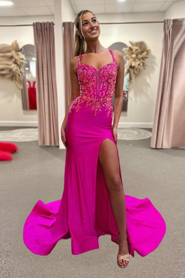 Hot Pink Corset Prom Dress with Embroidery