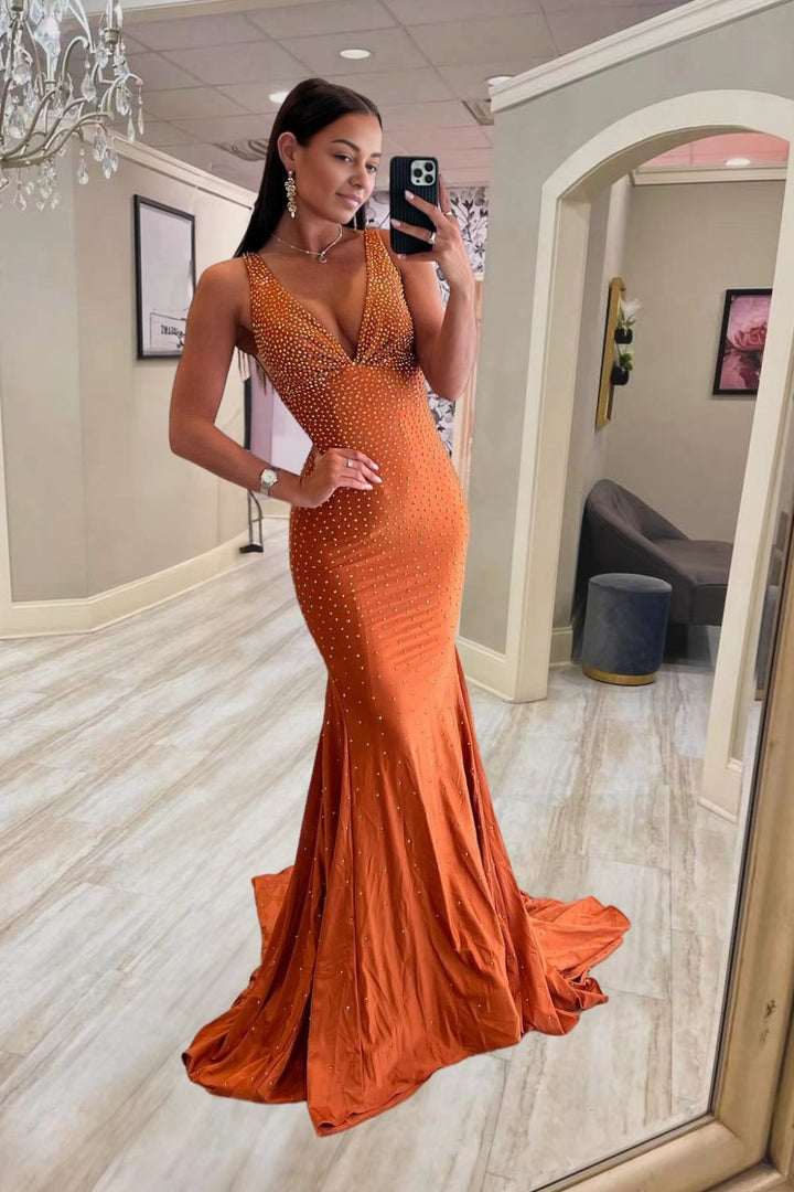 Fitted Beaded Dusty Orange Prom Dress