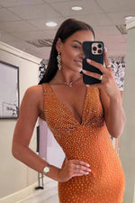 Load image into Gallery viewer, Fitted Beaded Dusty Orange Prom Dress
