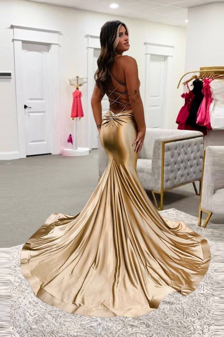 Mermaid Open Back Champagne Prom Dress