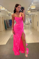 Load image into Gallery viewer, Hot Pink Strapless Prom Dress with Slit
