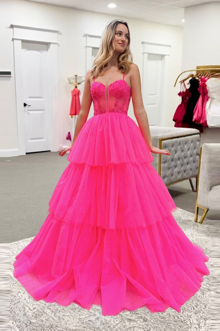 Hot Pink Tiered Corset Prom Dress