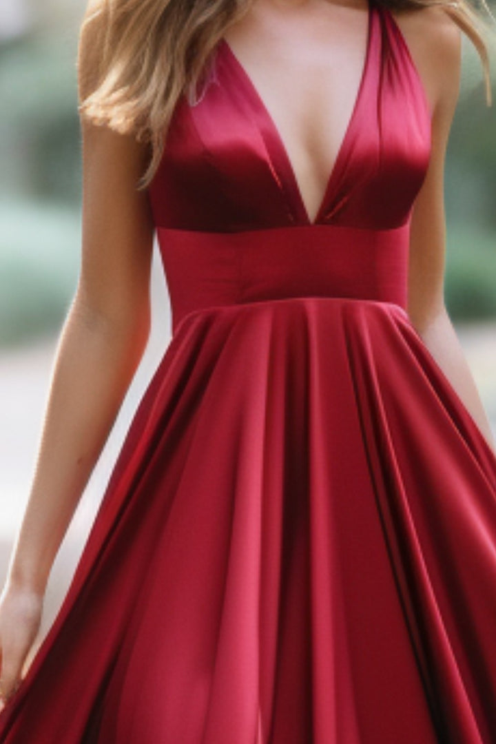 Dark Red Satin V-neck Maxi Dress