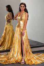 Load image into Gallery viewer, Gold Metallic Prom Dress with Side Slit
