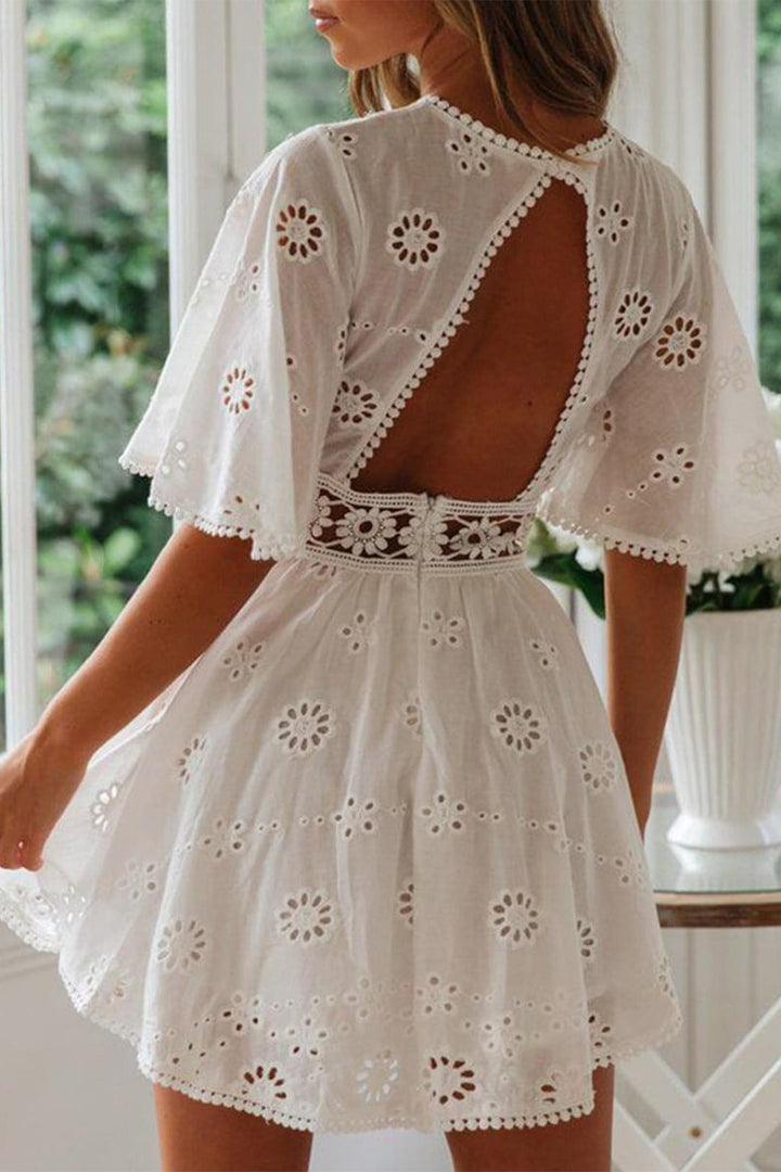 Bare Back Hollow Out White Dress