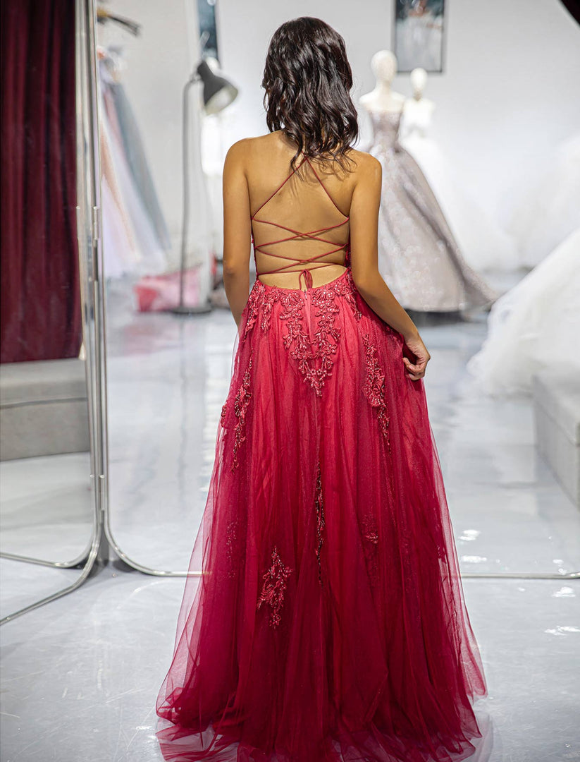 Burgundy Open Back Prom Dress