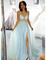 Load image into Gallery viewer, Light Blue Beaded Slit Prom Dress
