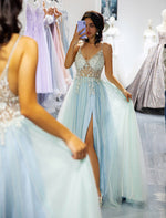 Load image into Gallery viewer, Light Blue Beaded Slit Prom Dress
