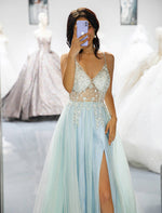 Load image into Gallery viewer, Light Blue Beaded Slit Prom Dress
