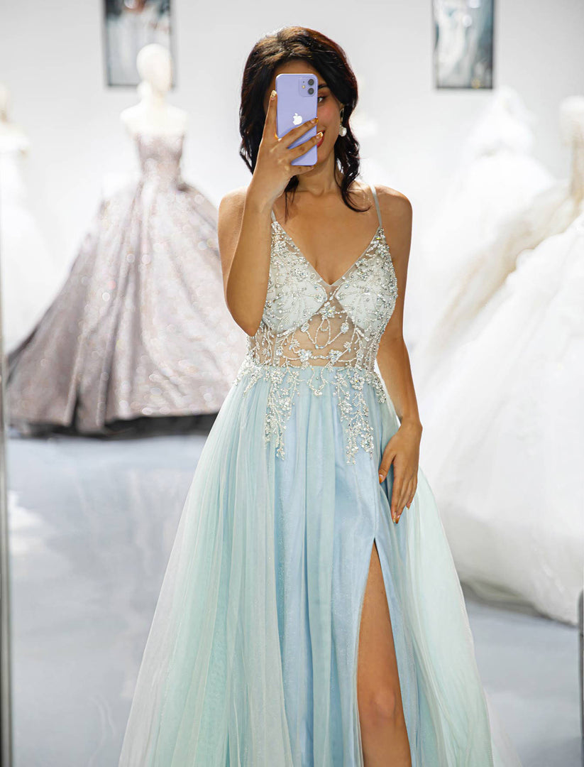 Light Blue Beaded Slit Prom Dress