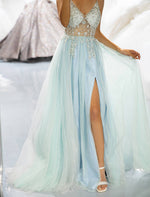 Load image into Gallery viewer, Light Blue Beaded Slit Prom Dress
