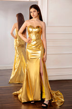 Load image into Gallery viewer, Metallic Gold Strapless Prom Dress
