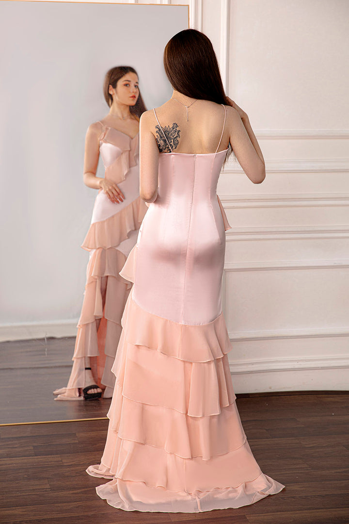 Light Pink Ruffled Prom Dress with Slit