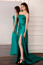 Load image into Gallery viewer, Green Strapless Slit Prom Gown
