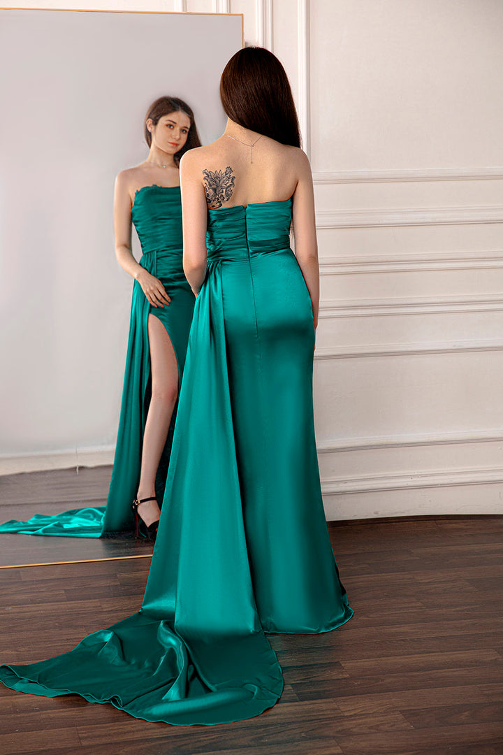 Green Strapless Slit Prom Gown