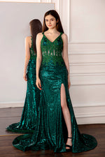 Load image into Gallery viewer, Dark Green Slit Prom Dress with Sequin
