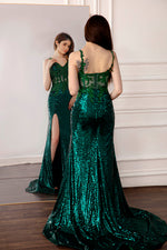 Load image into Gallery viewer, Dark Green Slit Prom Dress with Sequin
