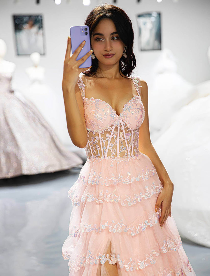 Side Slit Sheer Corset Bodice Prom Dress