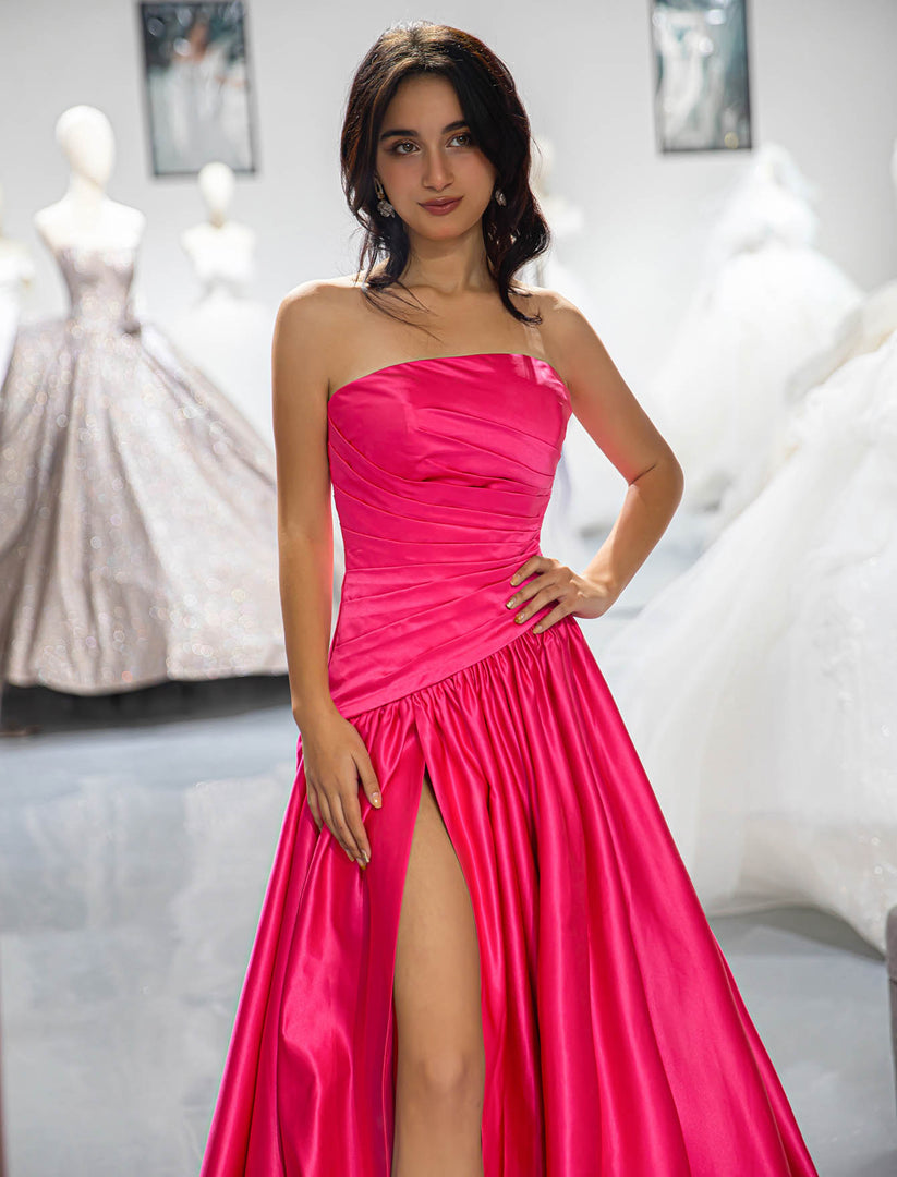 Strapless Pink High Slit Prom Dress