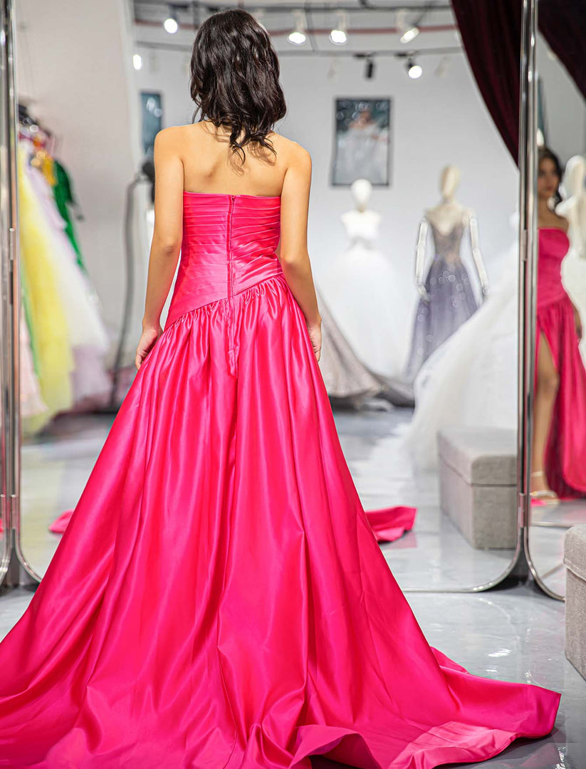 Strapless Pink High Slit Prom Dress