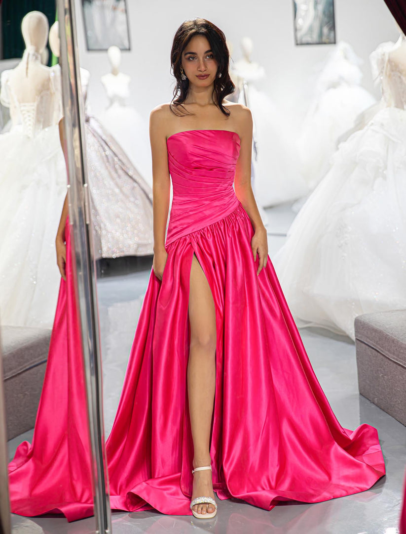 Strapless Pink High Slit Prom Dress