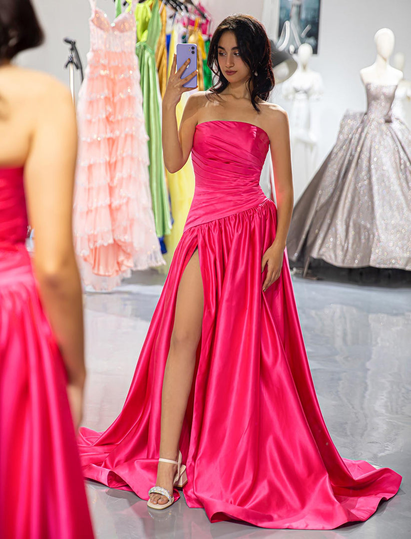 Strapless Pink High Slit Prom Dress