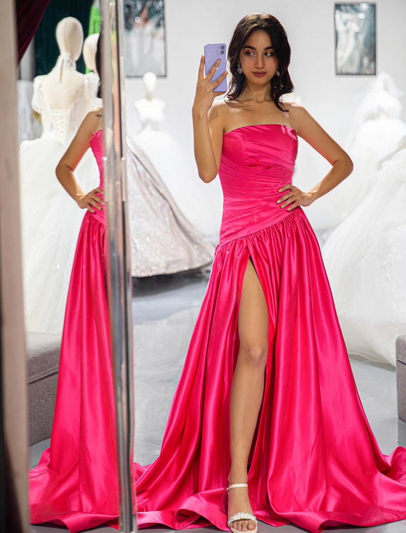 Strapless Pink High Slit Prom Dress