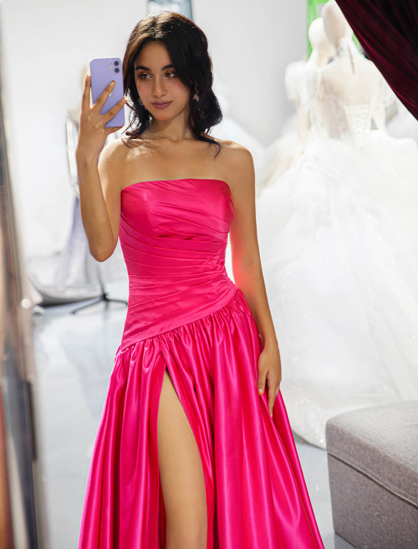 Strapless Pink High Slit Prom Dress