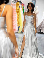 Load image into Gallery viewer, Silver Metallic Slit Prom Dress
