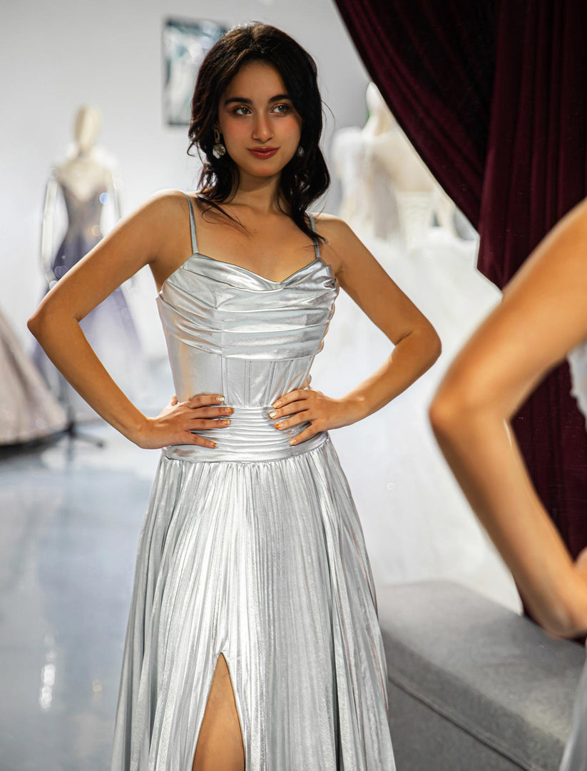 Silver Metallic Slit Prom Dress