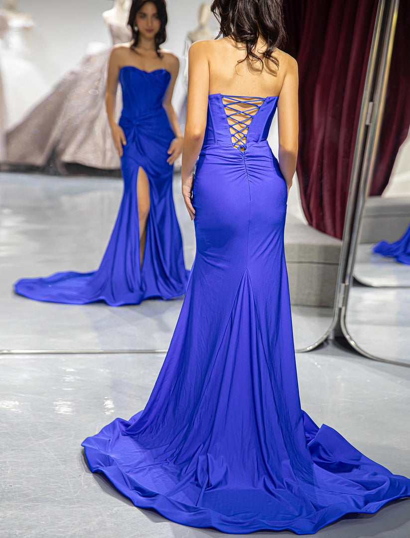 JVN38193 Royal Blue Corset Bodice High Slit Prom Dress Sweetheart Neck –  Glass Slipper Formals