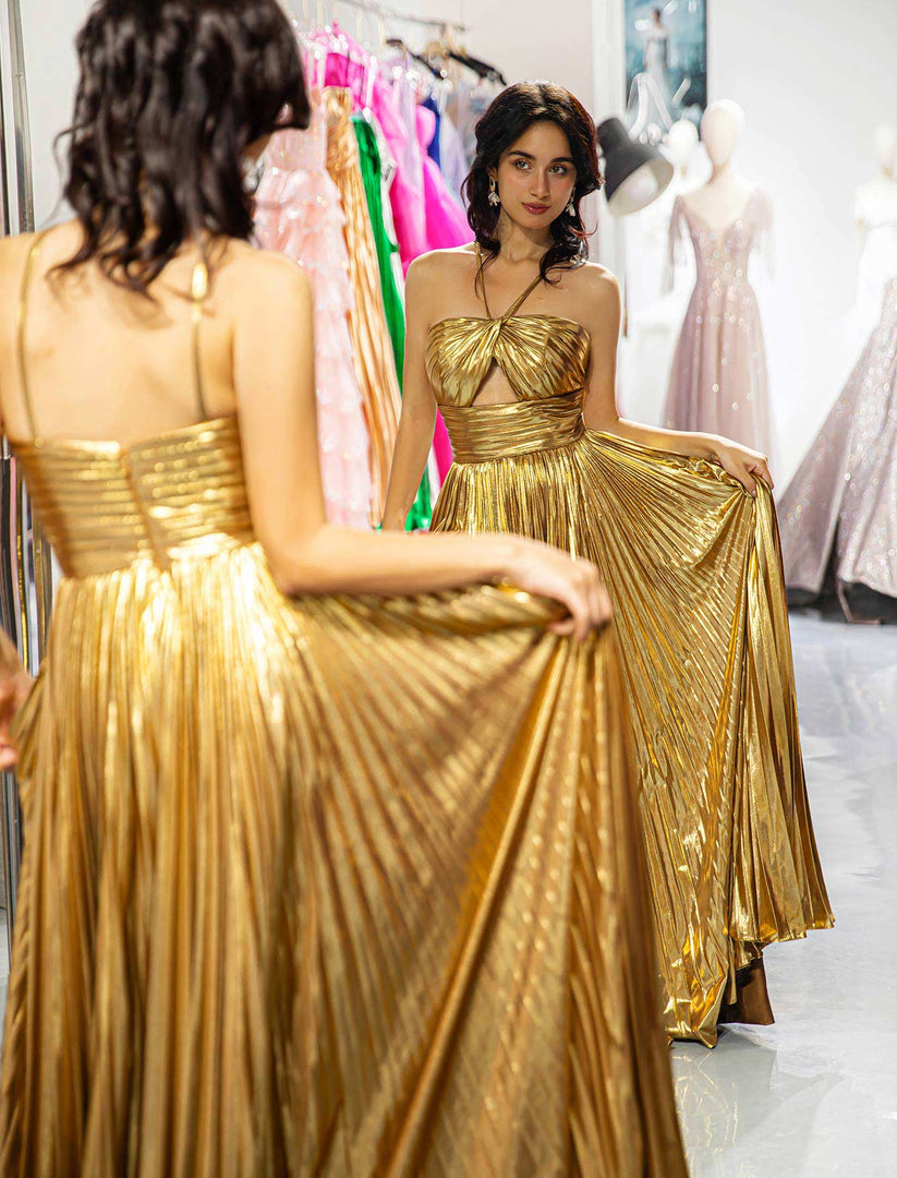 Gold Metallic Keyhole Prom Dress