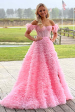 Load image into Gallery viewer, Off the Shoulder Princess Pink Prom Dress with Split
