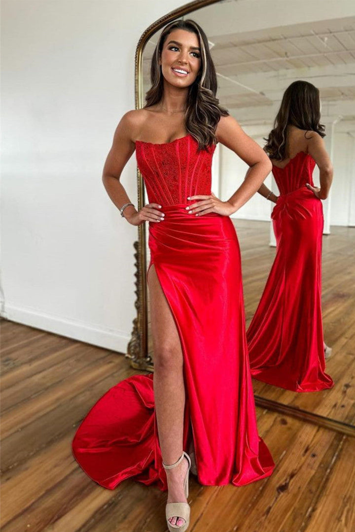 Slit Strapless Corset Prom Dress