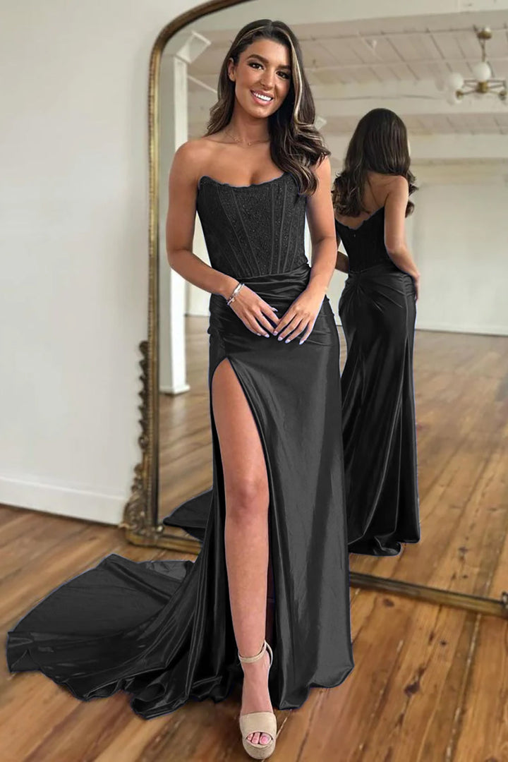 Slit Strapless Corset Prom Dress