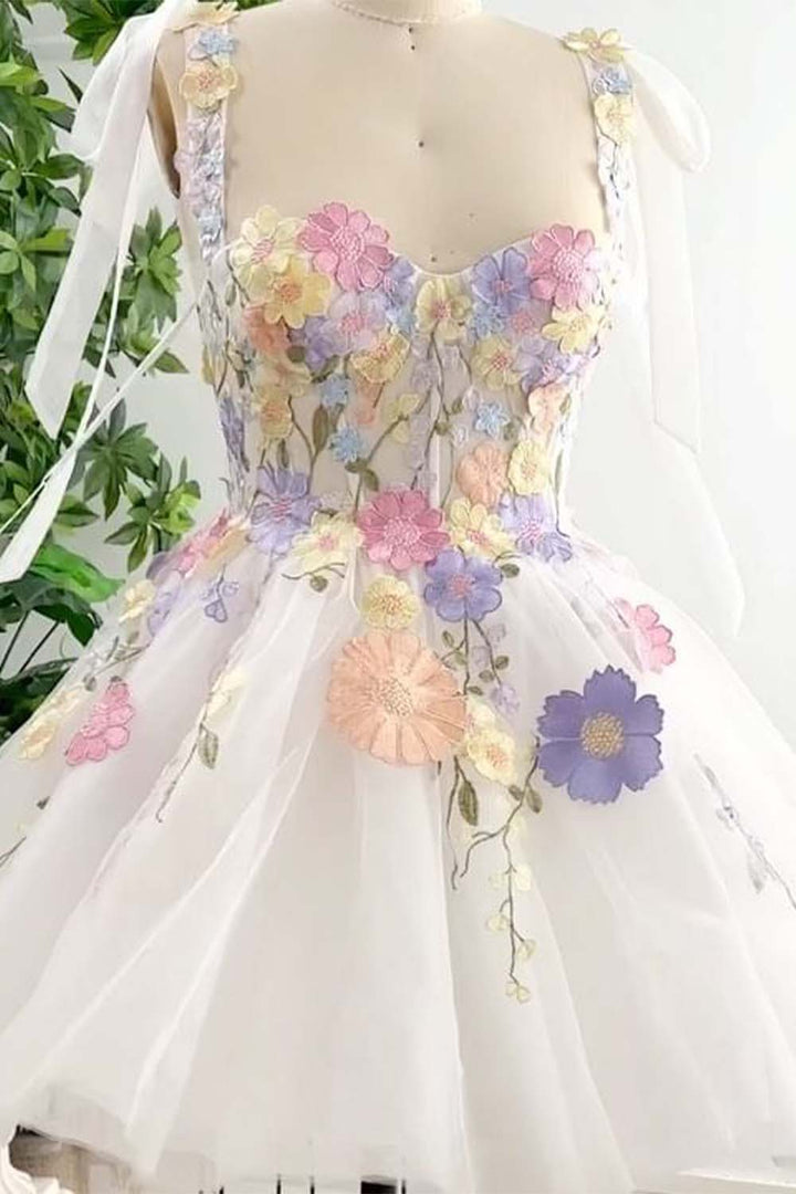 White Sheer Corset Bodice Homecoming Dress with Flowers