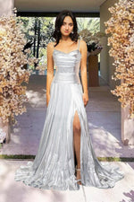 Load image into Gallery viewer, Silver Pleated Prom Dress with Slit
