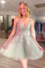 Load image into Gallery viewer, Sage Homecoming Dress with Appliques Beads
