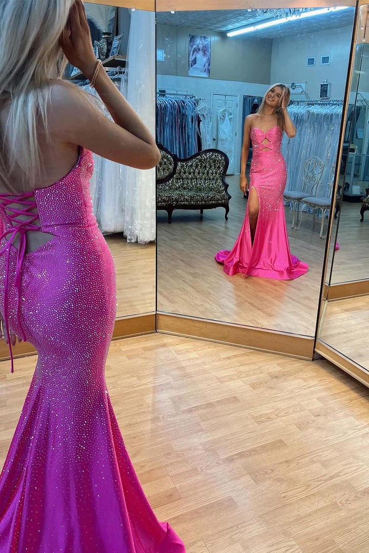 Strapless Slit Beaded Prom Gown