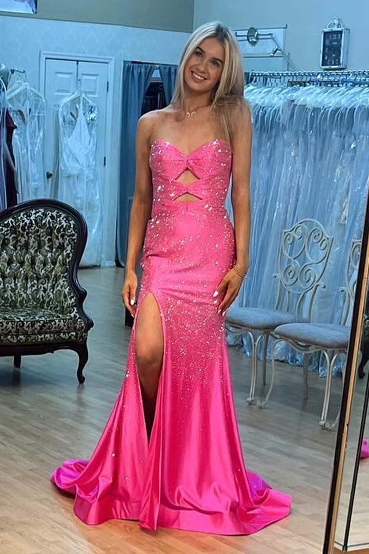 Strapless Slit Beaded Prom Gown