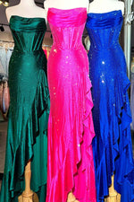 Load image into Gallery viewer, Strapless Corset Bodice Fitted Prom Dress with Ruffle Slit
