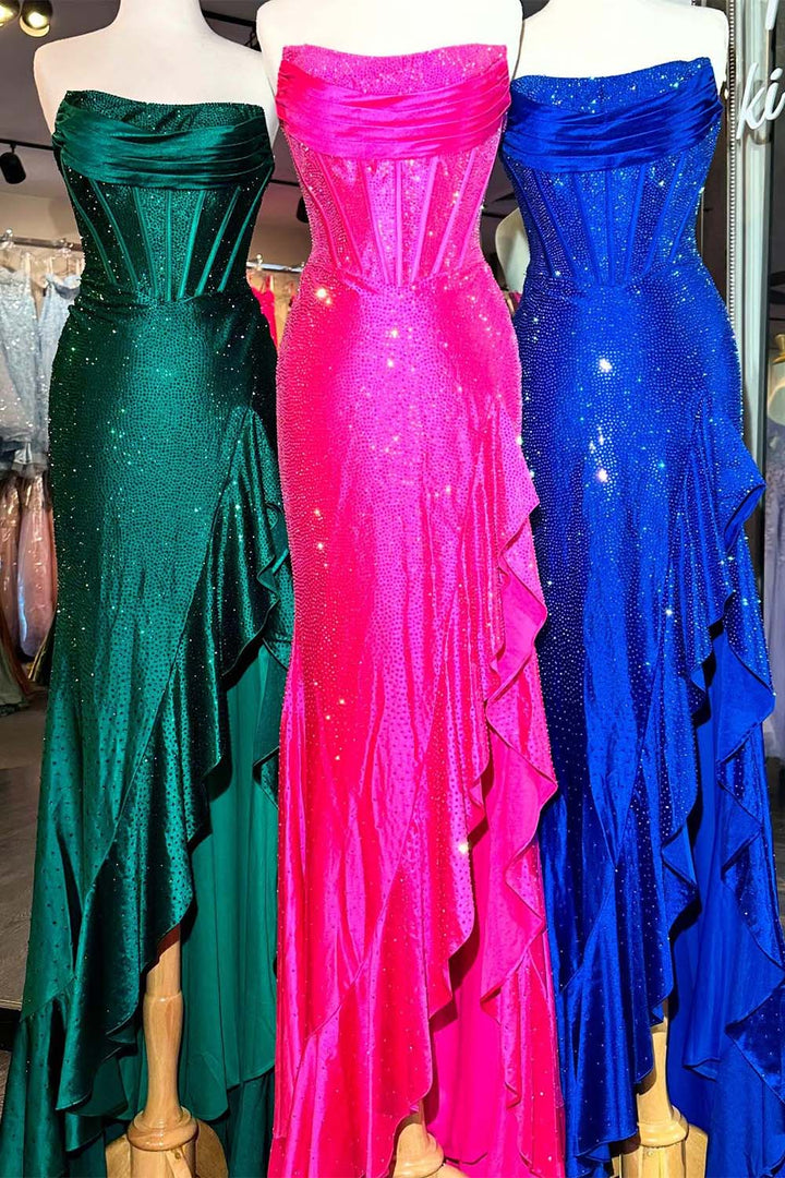 Strapless Corset Bodice Fitted Prom Dress with Ruffle Slit