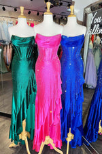 Load image into Gallery viewer, Strapless Corset Bodice Fitted Prom Dress with Ruffle Slit
